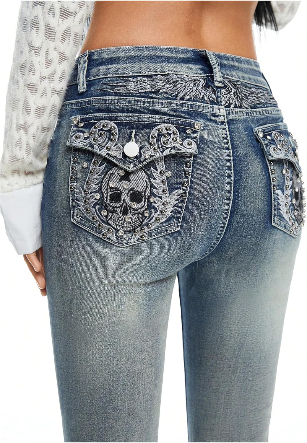 WDIRARA Women's Low Rise Flare Jeans Embroidery Rhinestone Bell Bottom Denim Pants - Image 3