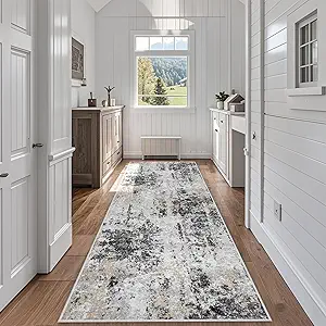 Runner Rug for Hallways Kitchen 2'6"x8' Washable Non Slip: Carpet Non Skid 8ft Entryway Rubber Backed 8 Feet Neutral Abstract Modern Rug Low Pile Pet Friendly Indoor Black Grey Gold