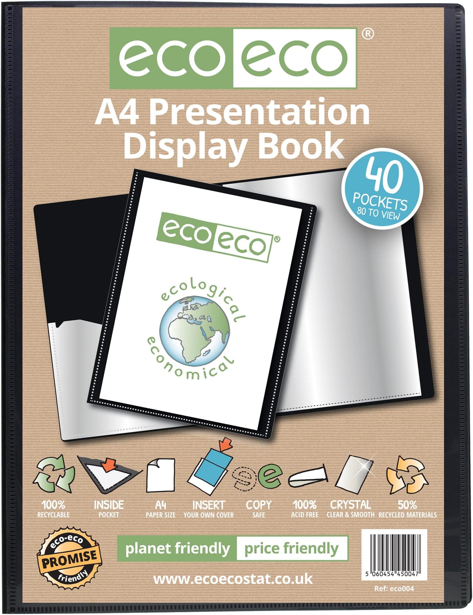 eco-eco A4 Size 50% Recycled 40 Pocket Black Presentation Display Book, Storage Case Portfolio Art Folder with Plastic Sleeves, eco004
