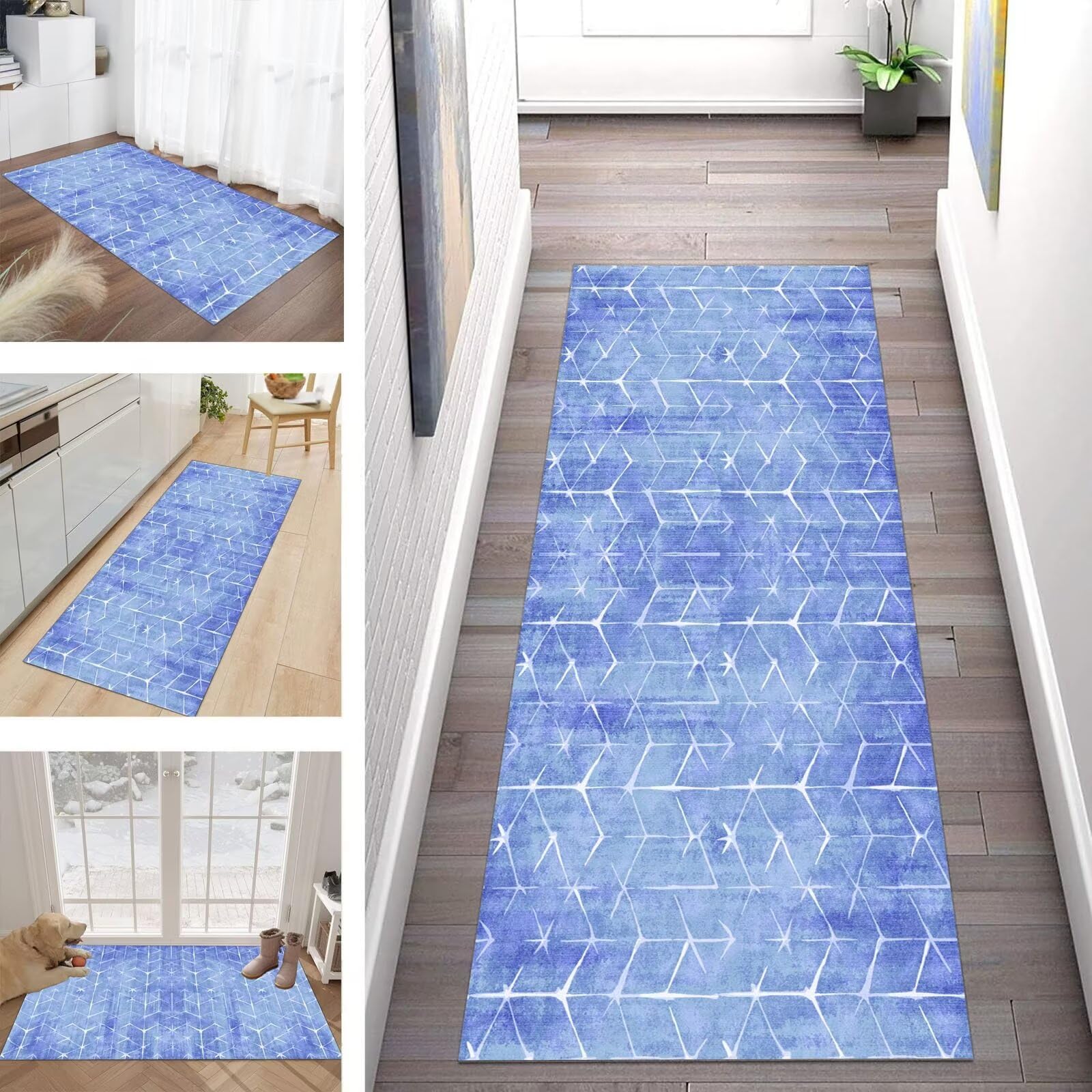 Buatisf Rug Runner Hallway Blue Non-Slip Long Kitchen Rug Modern Polyester Carpet Runner Made to Measure Sold by the Metre — image 1