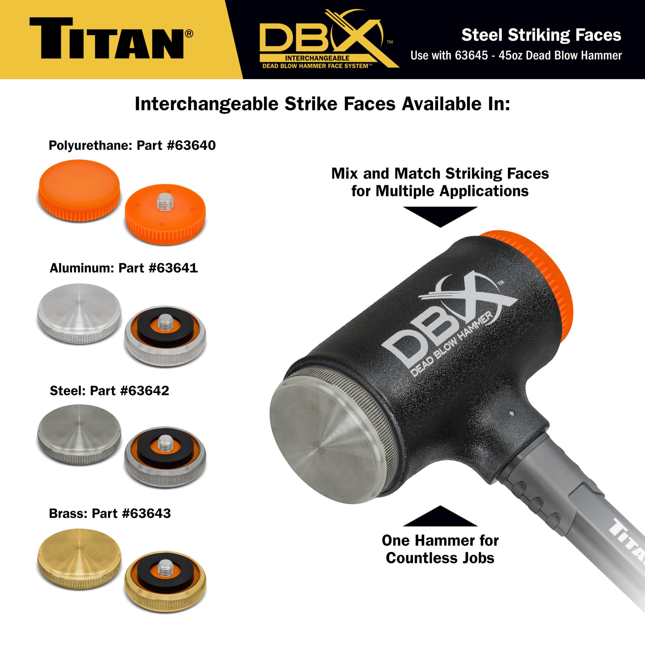 Titan DBX 63634 28oz Dead Blow Hammer Set – Interchangeable Striking Faces (Polyurethane, Steel, Aluminum, Brass), Fiberglass Handle