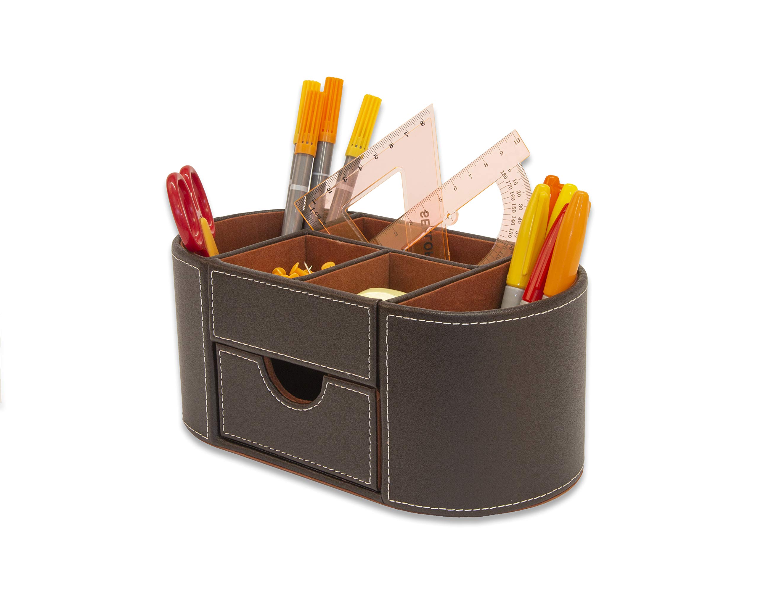 OSCO Organizer da scrivania in ecopelle marrone con cassetto, organizer da scrivania, portapenne, contenitore per trucchi, portapenne, 6 scomparti, contenitore per cancelleria, 10 x 23 x 12 cm