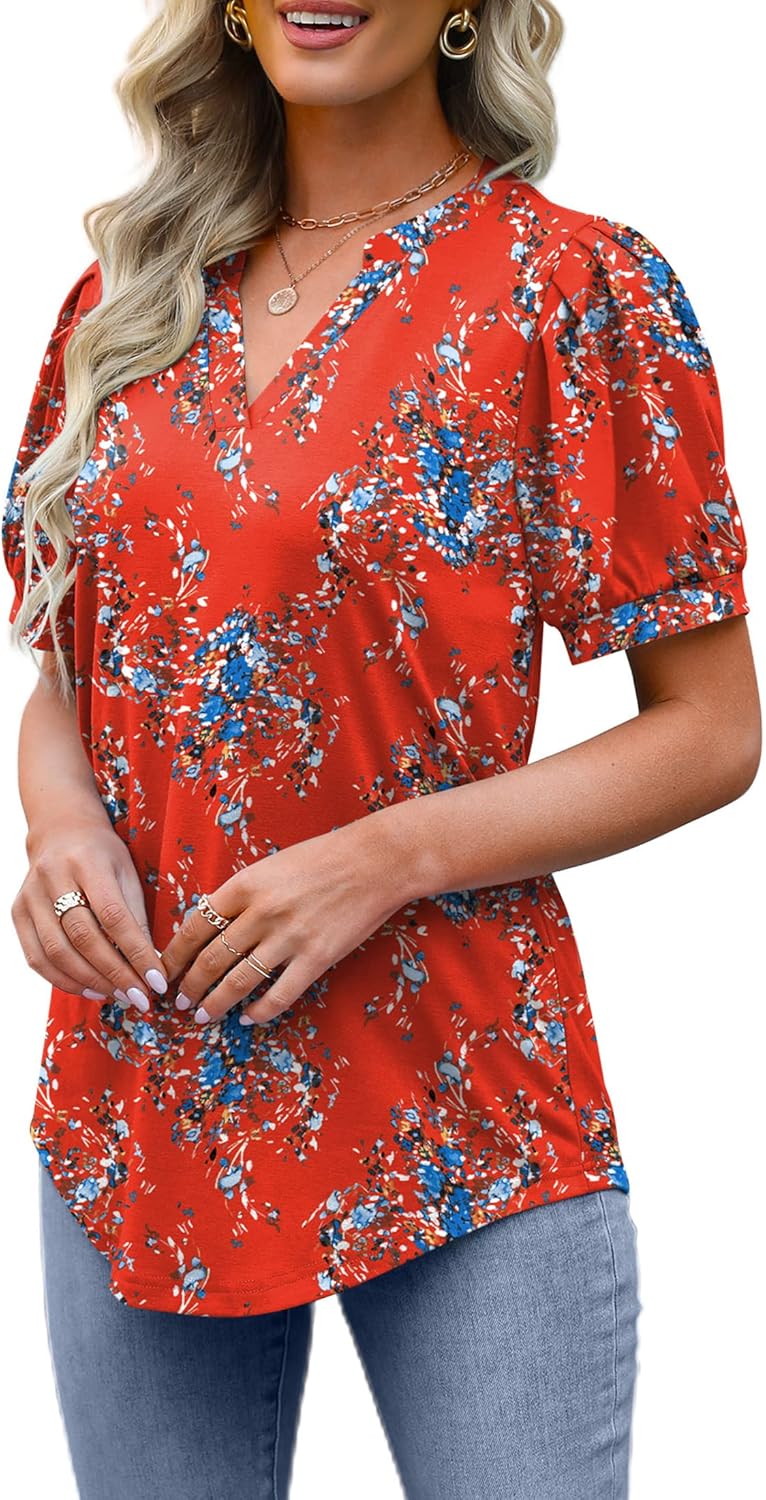 Womens Floral Printed Tops Summer V Neck Short Puffy Sleeve Tshirts Casual Tunic Red M - Image 3