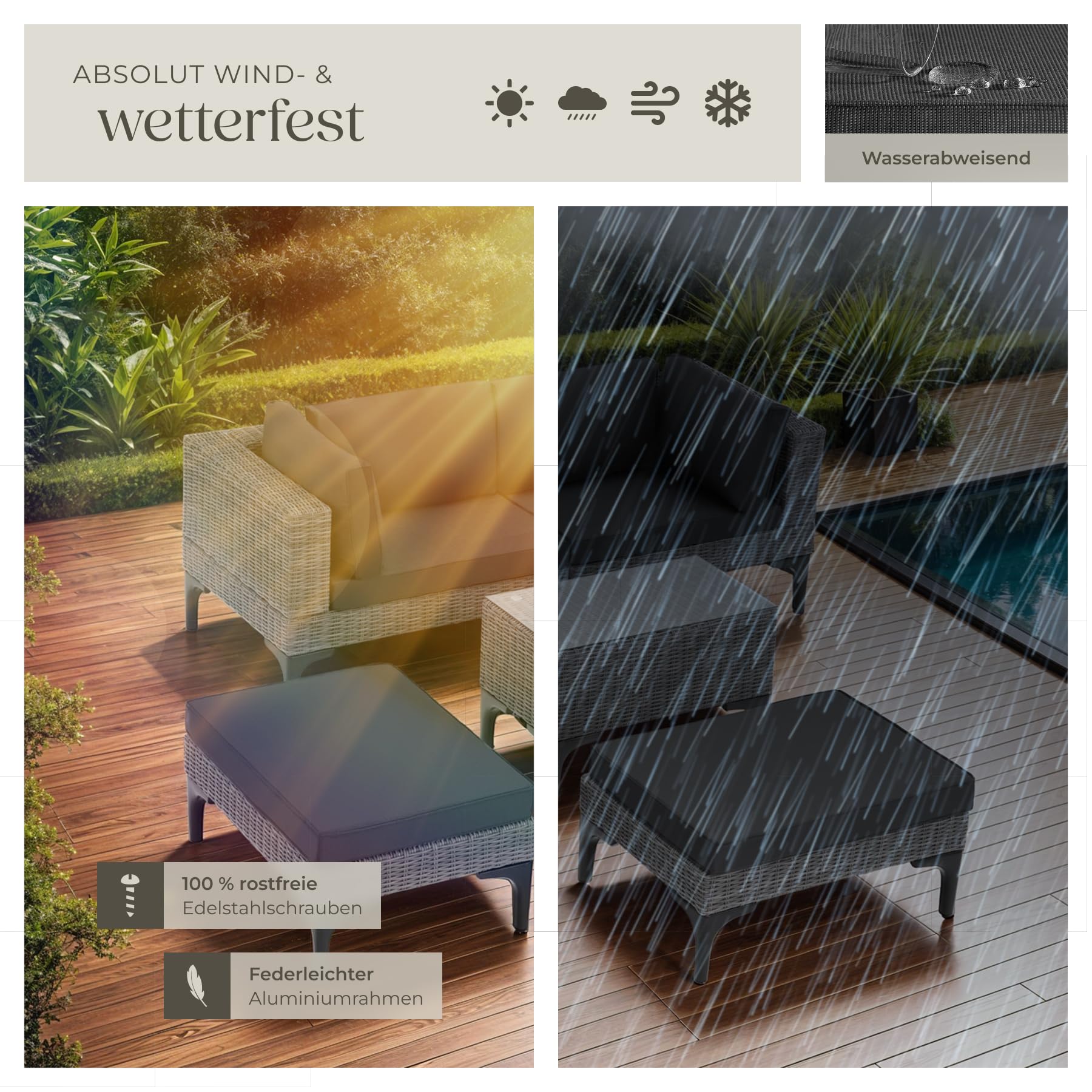 tectake® Outdoor Rattan Lounge, 5-teiliges Gartenmöbel Sofa Set mit Aluminium Gestell, frei kombinierbar, mit Ecksessel, Hocker, Tisch, Gartenlounge, inkl Sitz- und Rückenkissen - grau