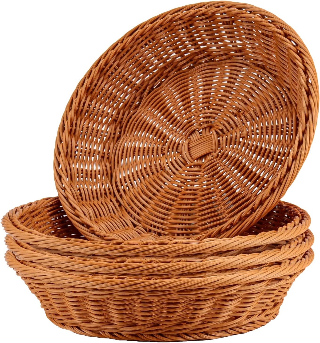 JAPCHET 4 Pack 12 Inch Round Wicker Bread Basket, Imitation Woven Rattan Fruit Basket Tabletop Food Vegetables Serving Basket for Home, Kitchen, Restaurant, Outdoor