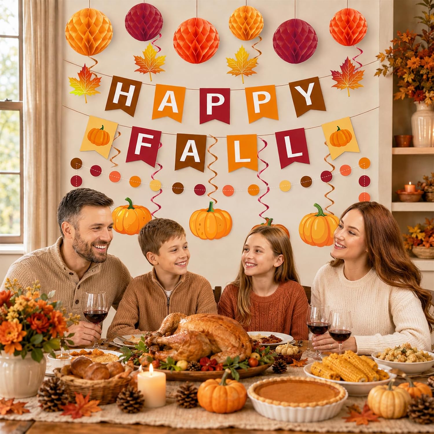 Fall Decorations for Office, Autumn Party Decorations includes Happy Fall Banner Pumpkin Maple Leaf Hanging Swirls and Orange Honeycomb Balls or Harvest Autumn Festival Thanksgiving Decorations