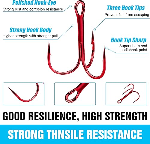 Miniatura 10 de Kit de 180 ganchos agudos de pesca, ganchos agudos rojos afilados, redondos, de acero de alto carbono, ganchos de púas fuertes con anillos divididos