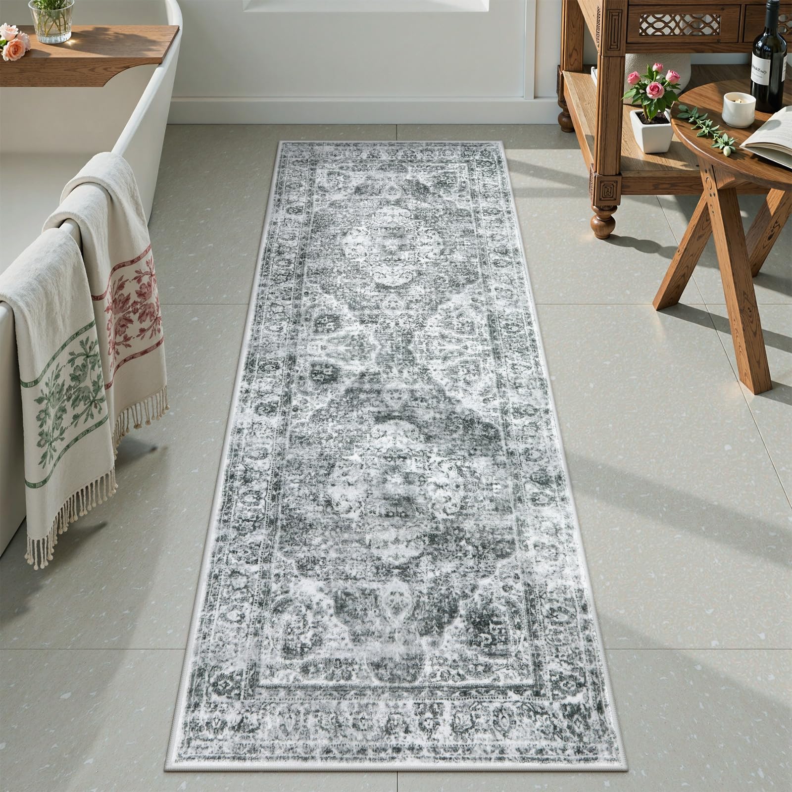 Uphome Bathroom Rugs Runner, Distressed Farmhouse Boho Gray Bath Mat, Non Slip Washable Long Bath Rugs, Vintage Traditonal Soft Velvet Bathroom Runner for Bathtub Sink Shower, 20x60 inch — image 1
