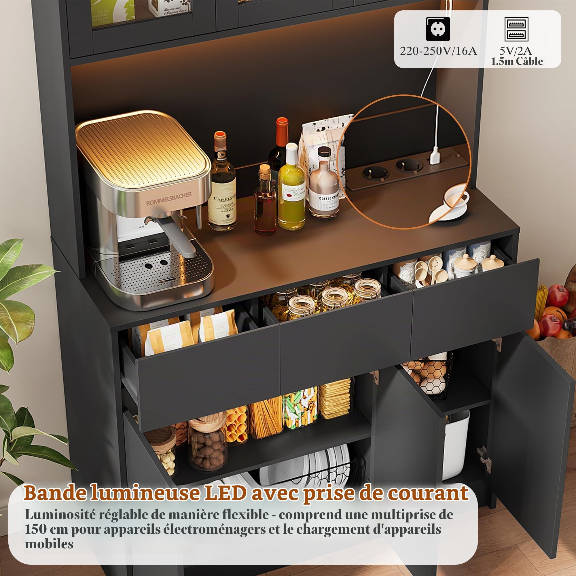 Armoire de cuisine buffet avec buffet L-E-D pour cuisine avec station de charge, armoire haute avec plan de travail et 3 tiroirs, buffet de cuisine avec étagère réglable pour salle à manger