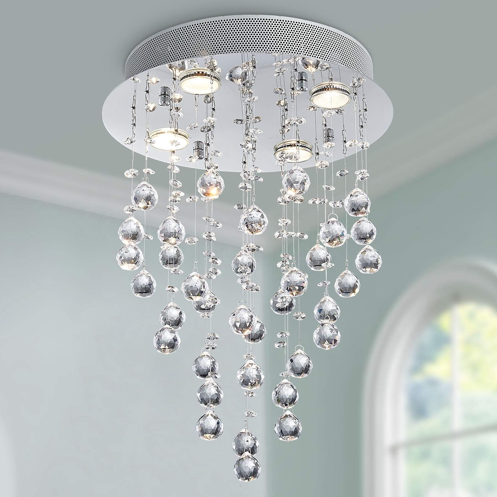 Bestier Modern Crystal Round Raindrop Chandelier Lighting Flush Mount LED Ceiling Light Fixture Pendant Lamp for Dining Room Bathroom Bedroom Livingroom 4 GU10 Bulbs Required 14 in Wide 20 inch High