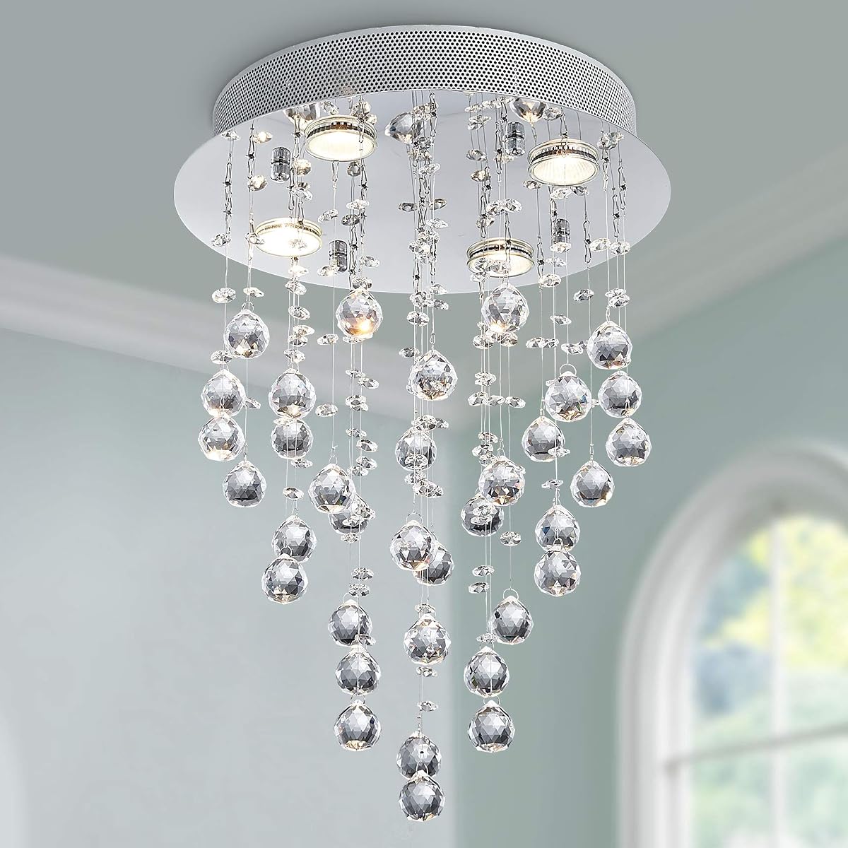 Bestier Modern Crystal Round Raindrop Chandelier Lighting Flush Mount LED