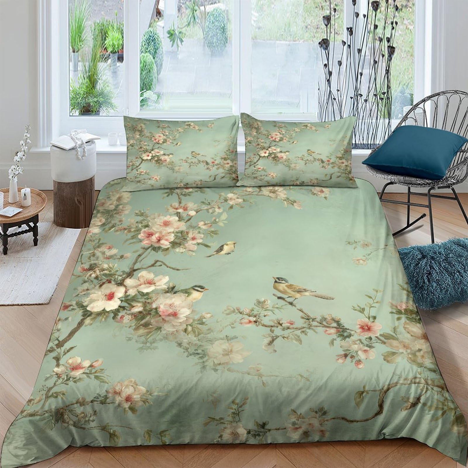GPLZQXKJNH 3D Printed Floral Blossom Duvet Cover Set Microfiber Soft Green Bird Branch Bedding with 2 Pillowcases for Bedroom Home Single（135x200cm）