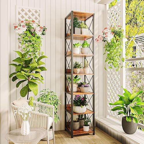 Miniatura 6 de IBUYKE Estantería alta y estrecha de 6 niveles, estante esquinero de madera para espacios pequeños, estantería abierta de pie libre, torre cuadrada
