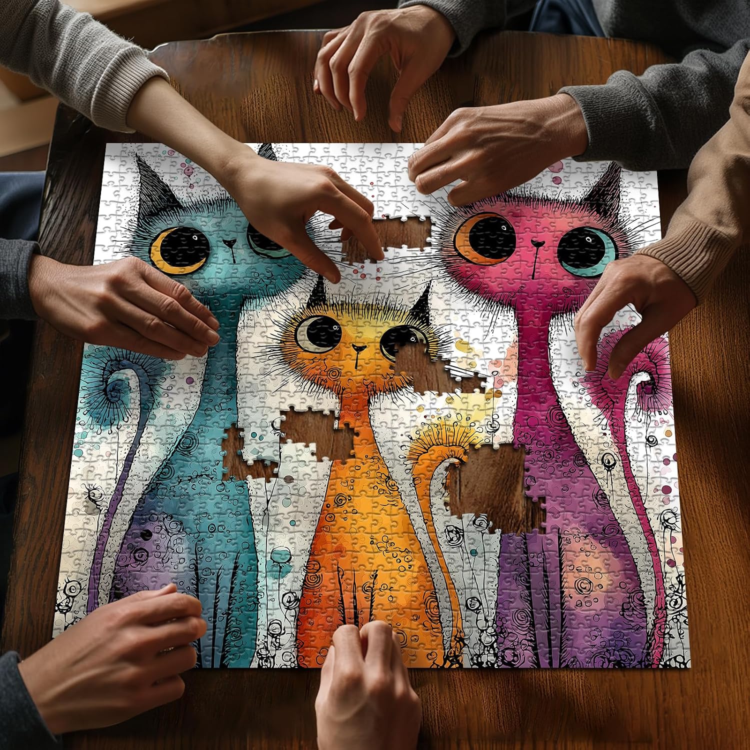 Cat Puzzles for Adults 1000 Pieces, PICKFORU Whimsy Cat Jigsaw Puzzles Animal Abstract Art Puzzle, Funny Whimsical Kitten Challenge Jigsaw Puzzle