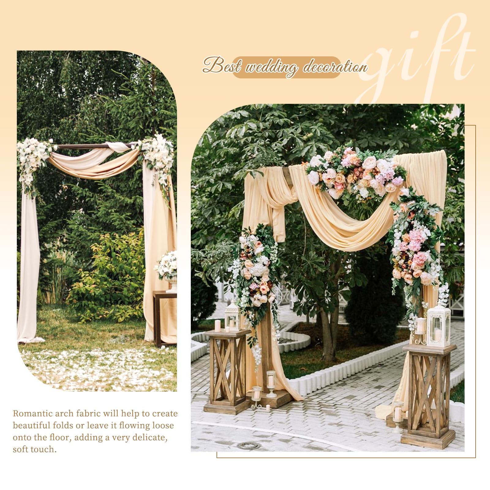 Panneaux de tissu drapé en mousseline de soie pour arche de mariage, 71,1 x 5,8 m, champagne