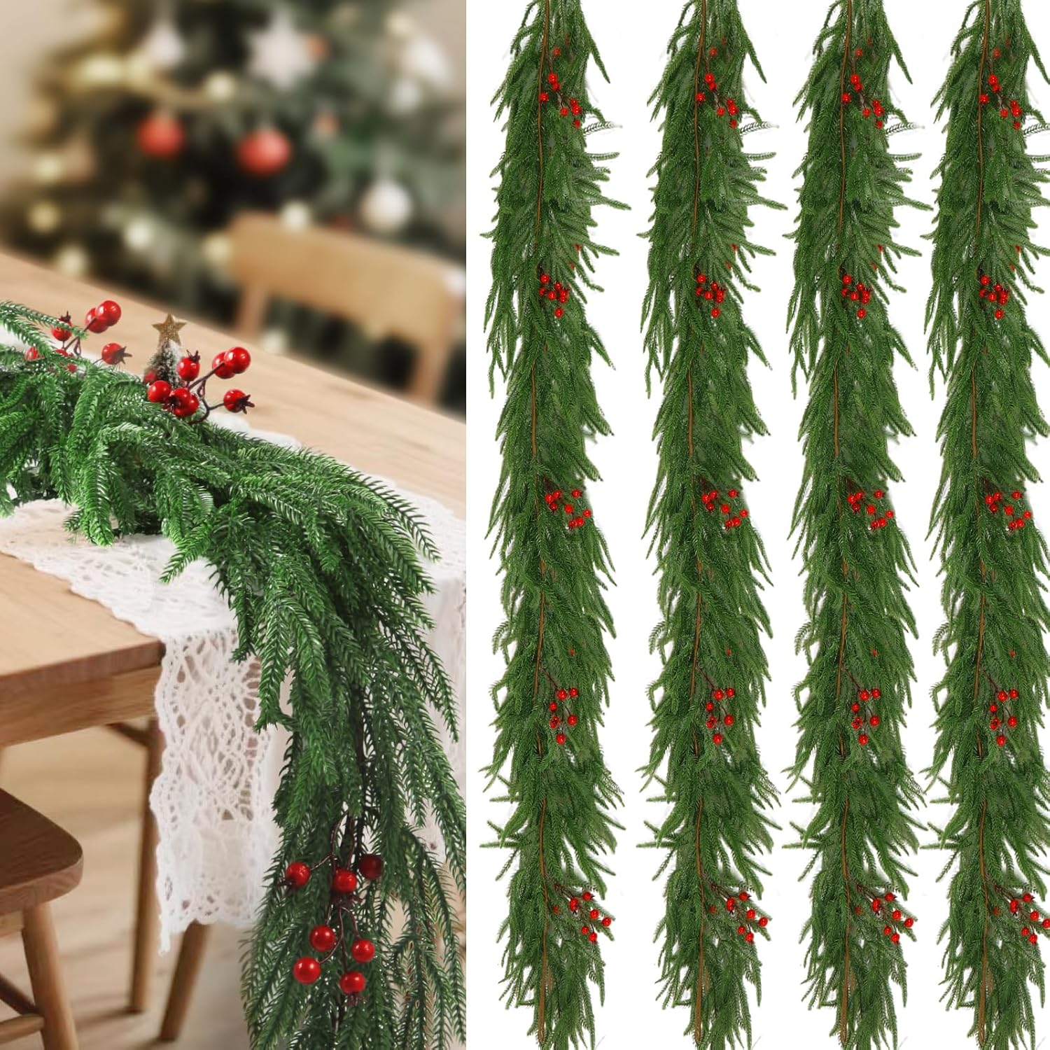 4 Pcs Artificial Norfolk Pine Garland, 6 FT Christmas Real Touch Winter Pine Garlands Realistic, Red Berry Greenery Garland for Mantle, Stairs, Fireplace, Door, Table, Indoor Holiday Xmas Decortionsn(similar)