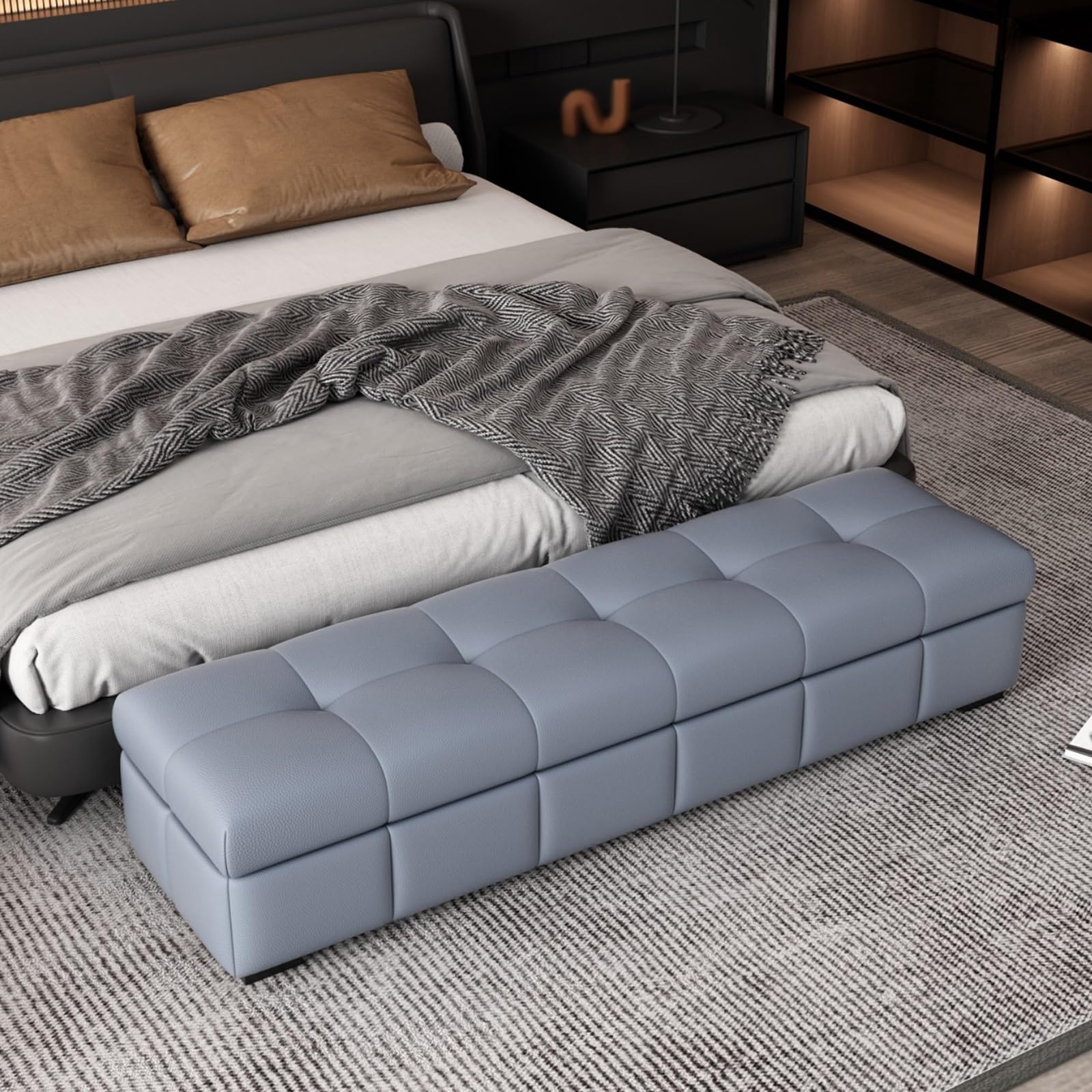 Cassapanca Contenitore da Interno Rettangolare con Tessuto in Vera Pelle, Panca Contenitore con Schiuma Ad Alta Resilienza, per Camera da Letto, Soggiorno, Camerino(Dark gray,80cm/31.4in)