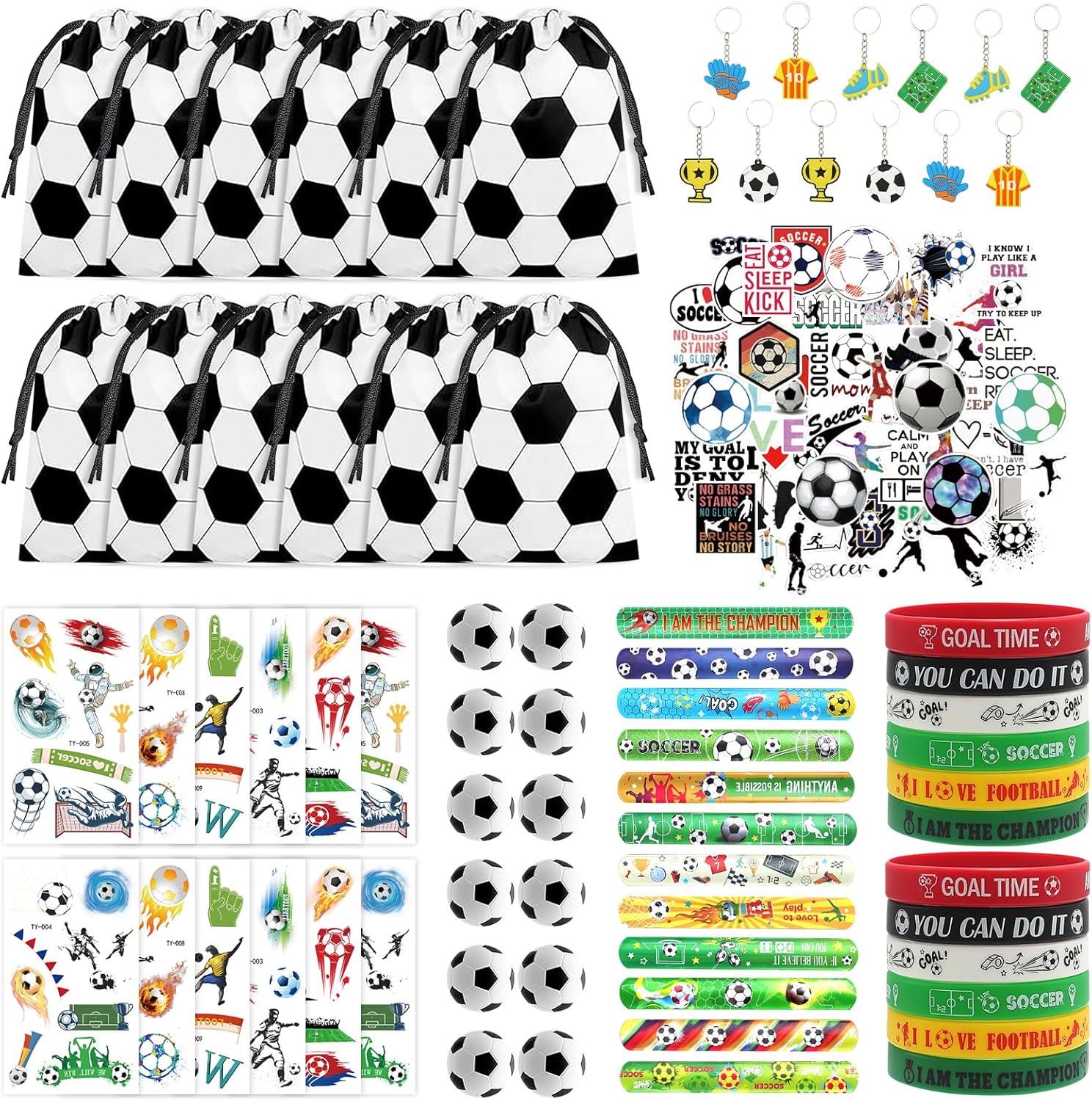122 Pcs Soccer Party Favors Drawstring Bags Soccer Goodie Bag with Mini Ball, Wristband, Slap bracelets, Keychains, Stickers,Tattoo Stickers for Soccer Themed Party Supplies