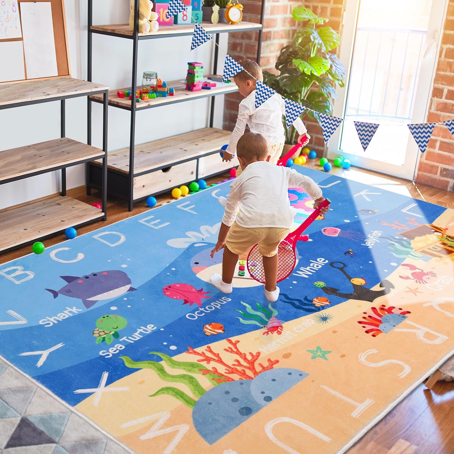Kid Rugs for Playroom,4'11" x 6'7" ABC Alphabet Whale Kids Rug,Non-Slip Ocean Kids Rug Play Mat,Washable Educational Classroom Rug Kids Area Carpet for Kid Room Bedroom Playroom(for Age 2+)