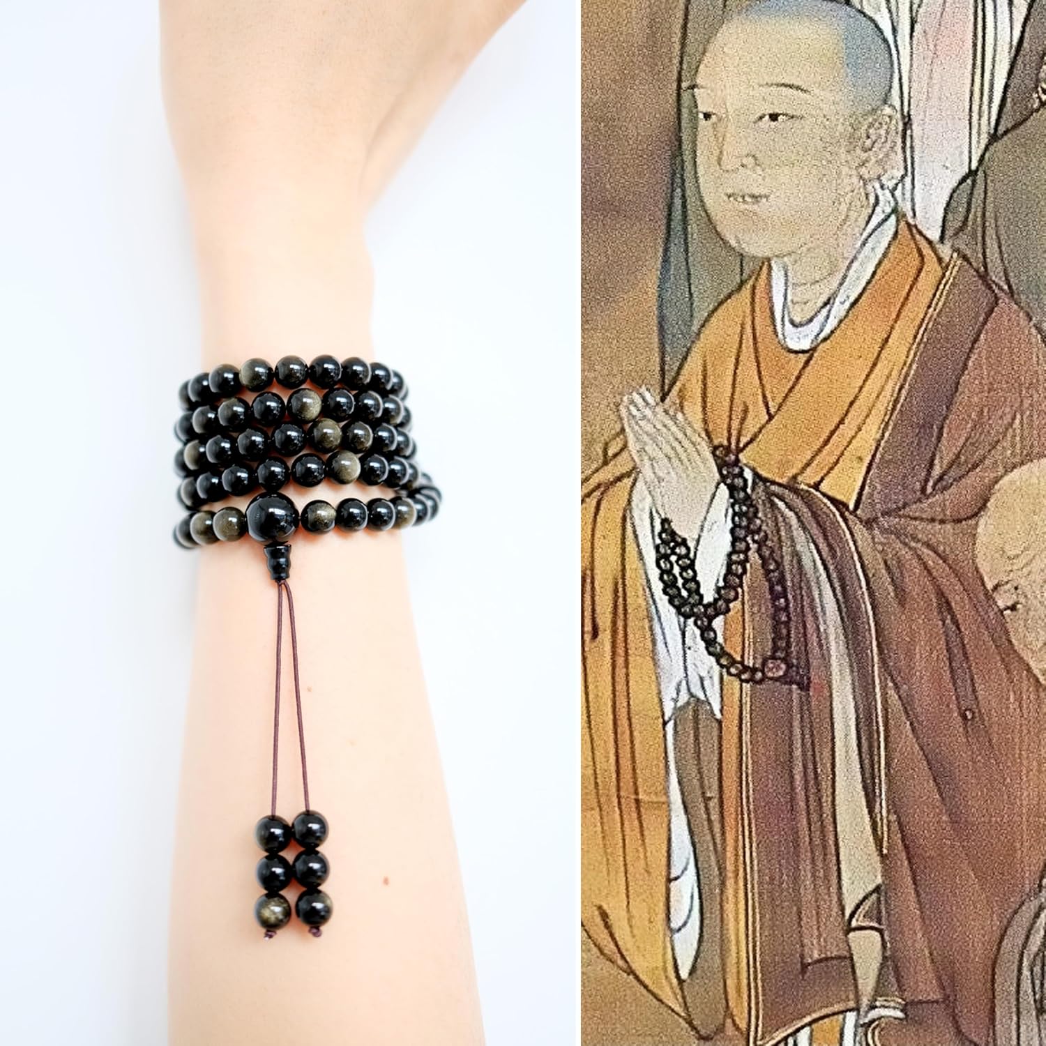 Tibetan Natural Black Obsidian Mala Beads 108, Buddhist Prayer Beads Japamala, Protection Crystal Beaded Tourmaline Bracelets, Meditation Golden Sheen Gemstone Necklace for Women Men - Image 3