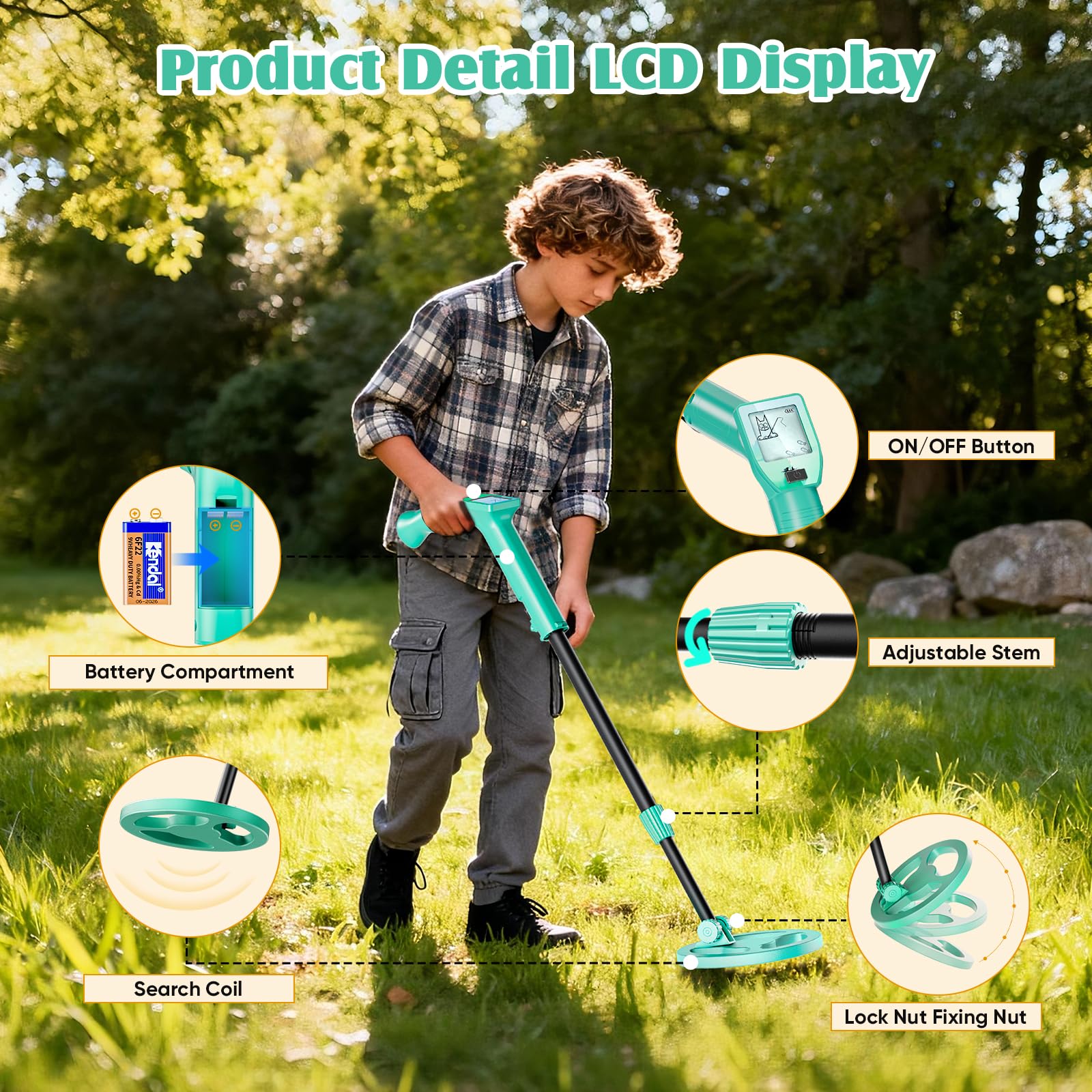 Metal Detector Bambini, Metal Detector per Bambino Leggero con Asta Regolabile 66-83 cm, Display LCD e Bobina di Ricerca Impermeabile, Pala, Rastrello, Setaccio e Borsa, Verde