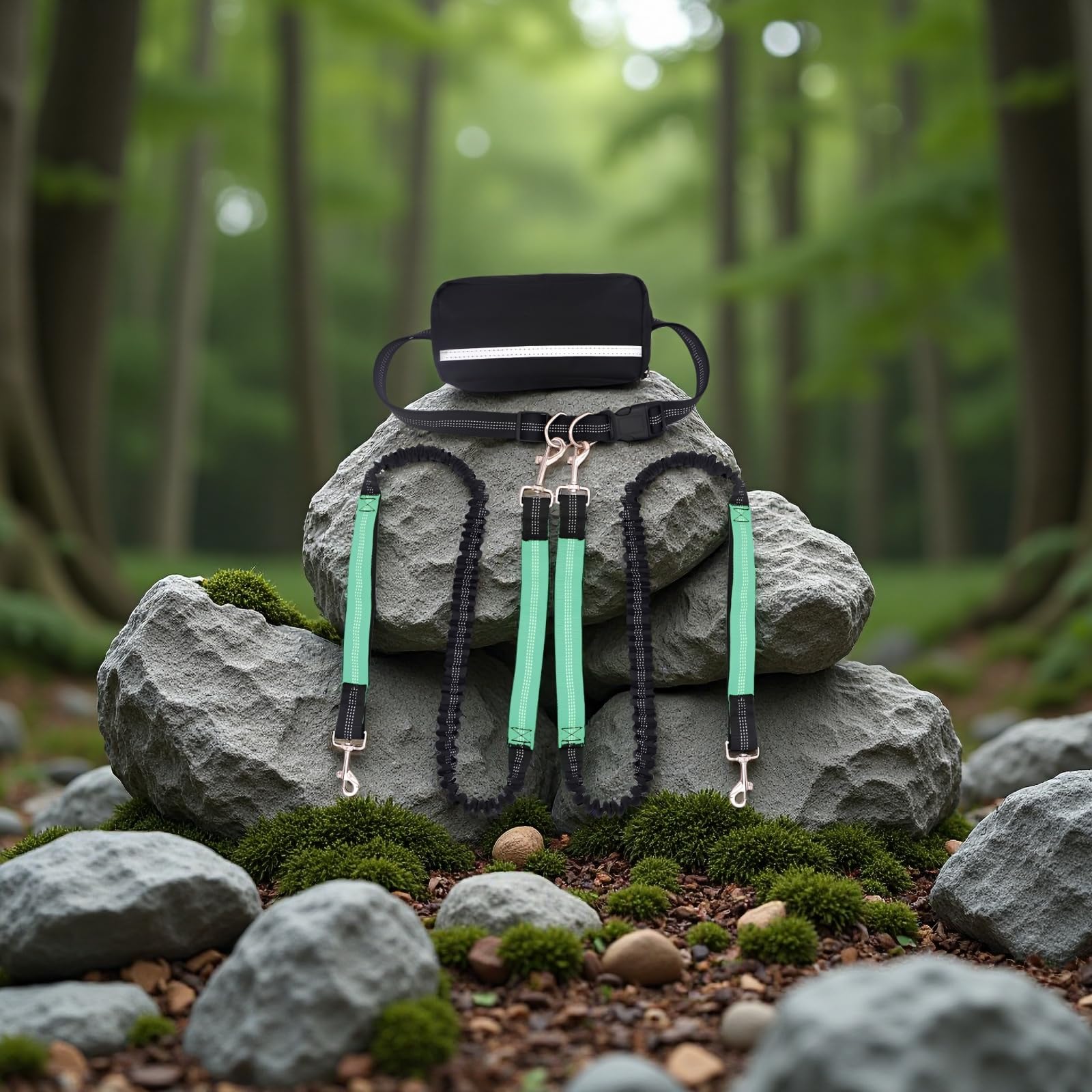 Hände frei Hundeleine mit Tasche, Doppelleine für Zwei Hunde, ausziehbare Bungee-Leine gegen Verheddern, Verstellbarer Hüftgurt, reflektierende Streifen, Nylon, für Spaziergänge und Läufe, Grün