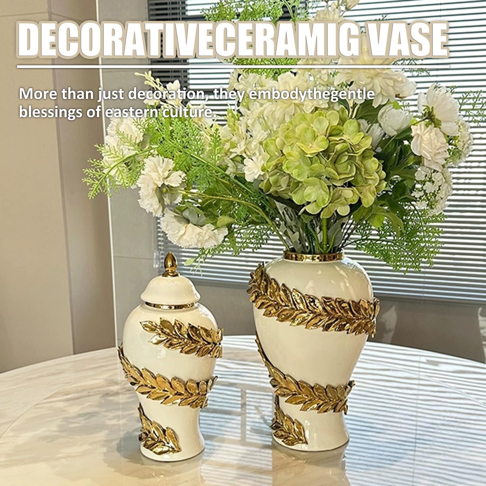 Słoik na imbir, ręcznie robiona dekoracja, stabilny wazon na kwiaty z pokrywką, ceramiczny wazon na stół do salonu(Large)