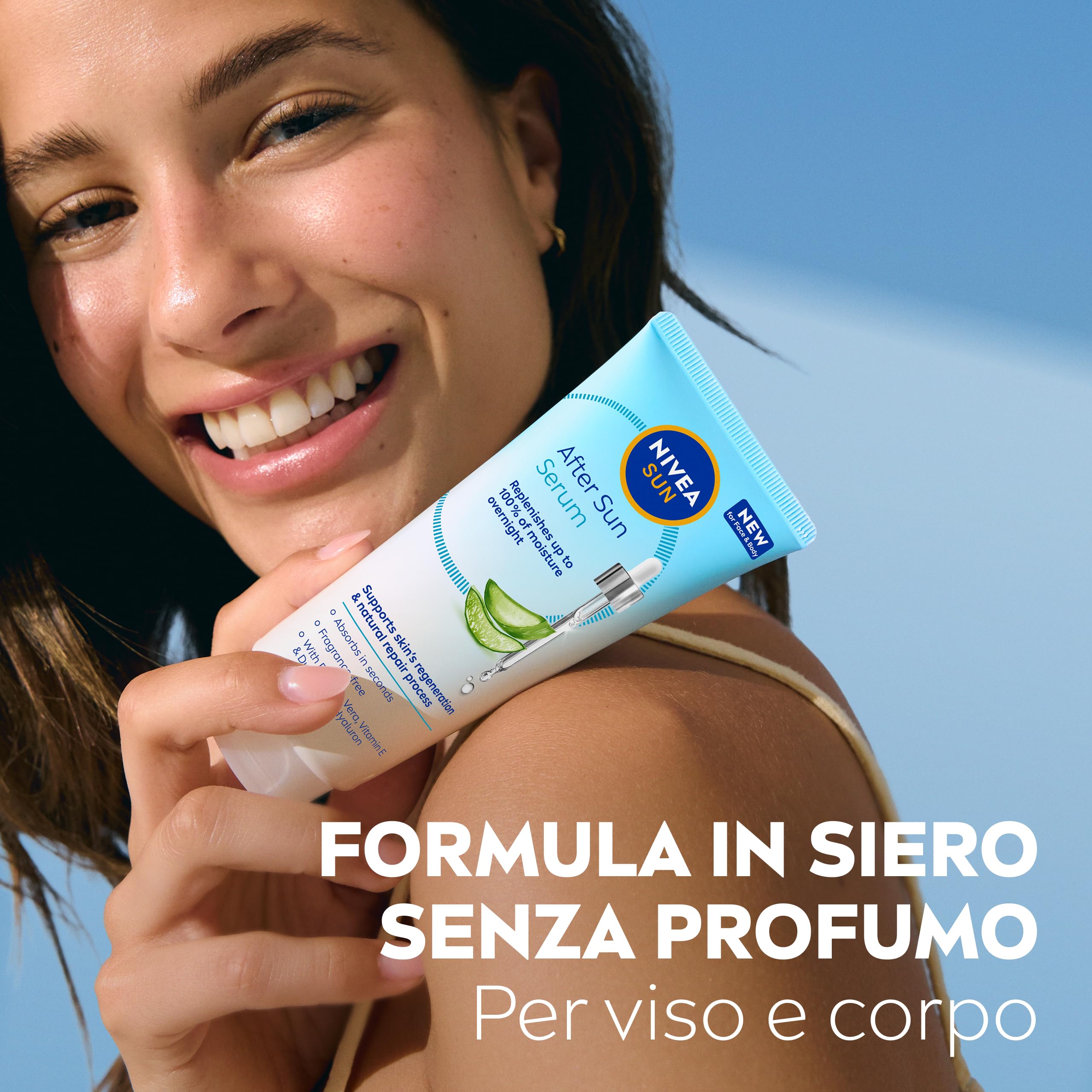 NIVEA SUN Siero Doposole 100 ml, Siero dopo sole idratante e rigenerante per viso e corpo, Aftersun con Aloe Vera Bio, Vitamina E e Acido Ialuronico, Assorbimento rapido, Senza profumo