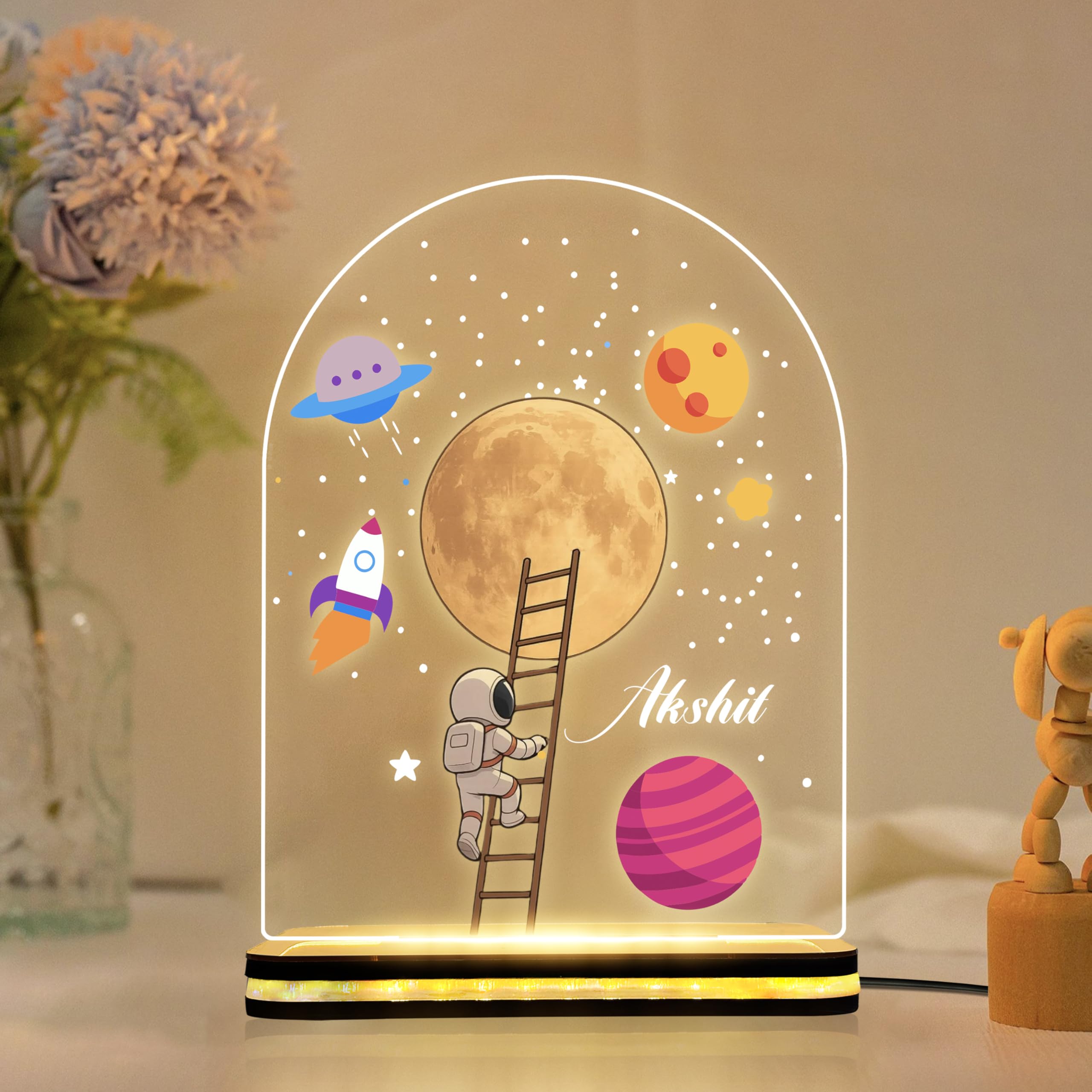 Kids Custom LED Night | Kids Acrylic Personalized Name Light | Astronaut Moon Space Theme | Soft Glow Bedside Gift | USB Powered Warm Glow Table Lamp | (6x8) Inch-image-48
