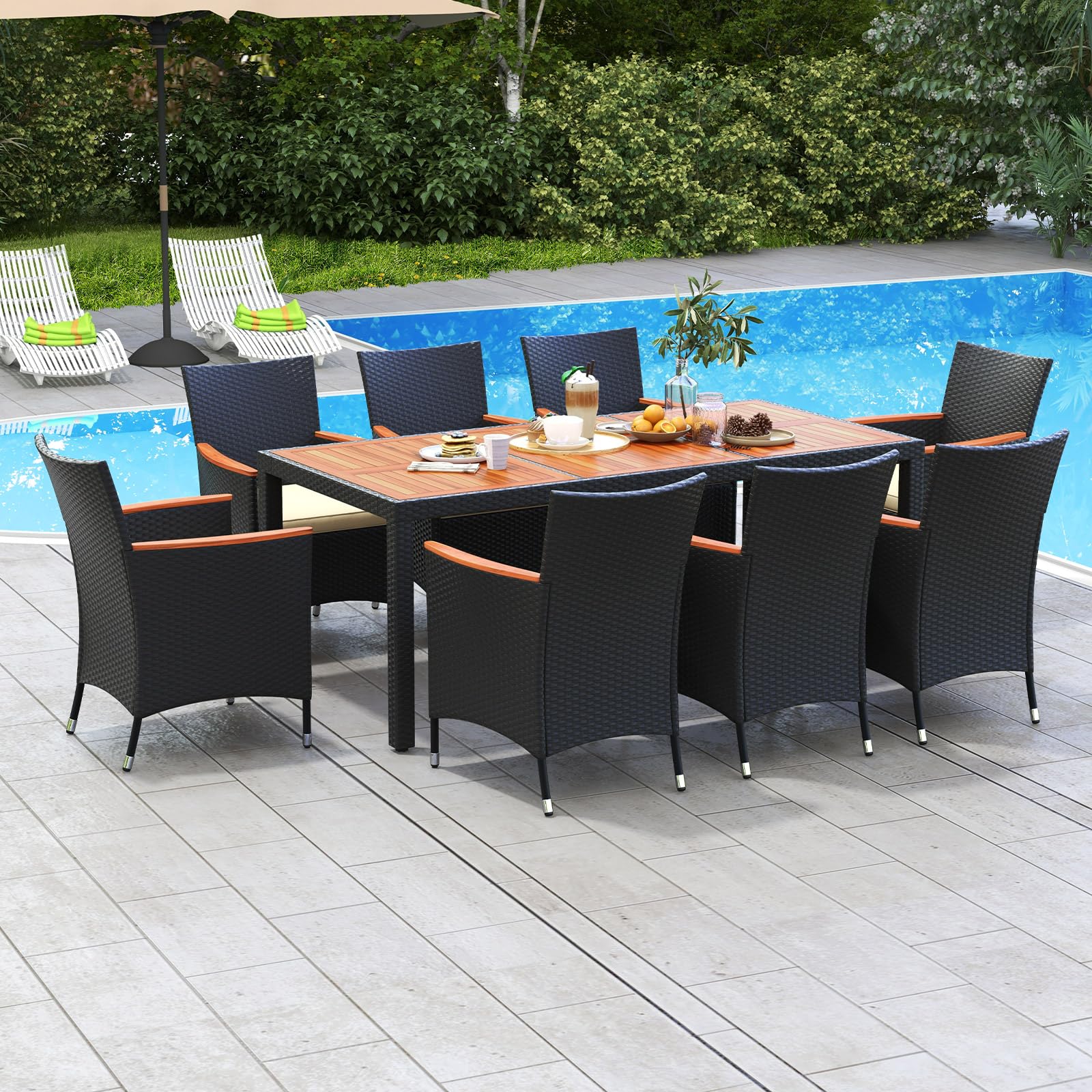 GIANTEX Salon de Jardin 8 Personnes en Rotin et Bois d'Acacia, Table de Jardin Extérieure avec 8 Chaises, Coussins, Trou de Parasol, Pieds Réglables, pour Cour, Pique-Nique, Noir