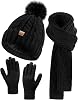 Winter Beanie Hat Gloves Set for Women, Pom Pom Fleece Lined Hat Knit Touchscreen Gloves