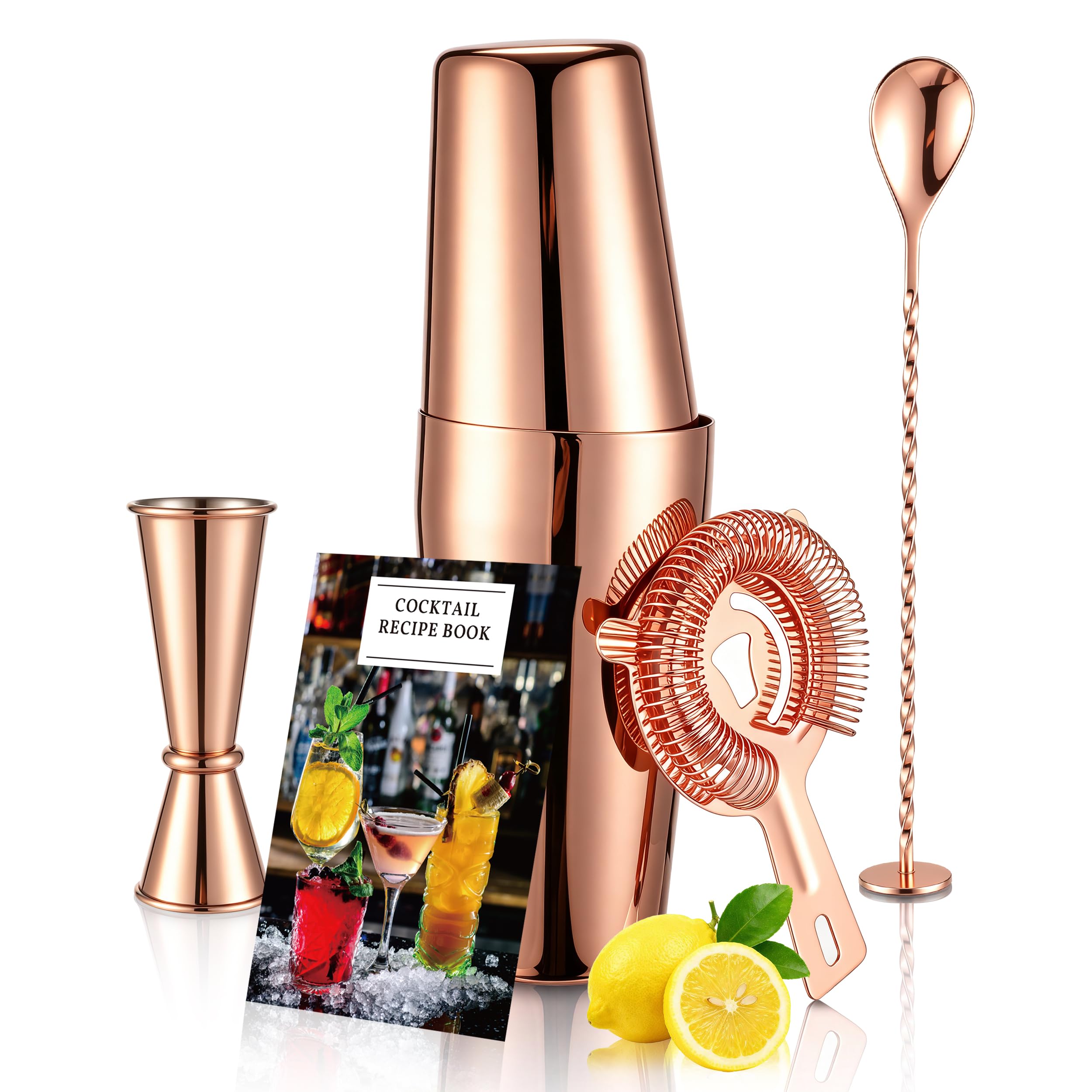 Boston Cocktail Shaker Set, 18 oz &amp; 28 oz 2-Piece Tins, 304 Stainless Steel Bartender Kit 5-Piece Bar Tool Set with Recipe Book, Perfect for Novices &amp; Pros, Home and Bar Use (RoseGold)