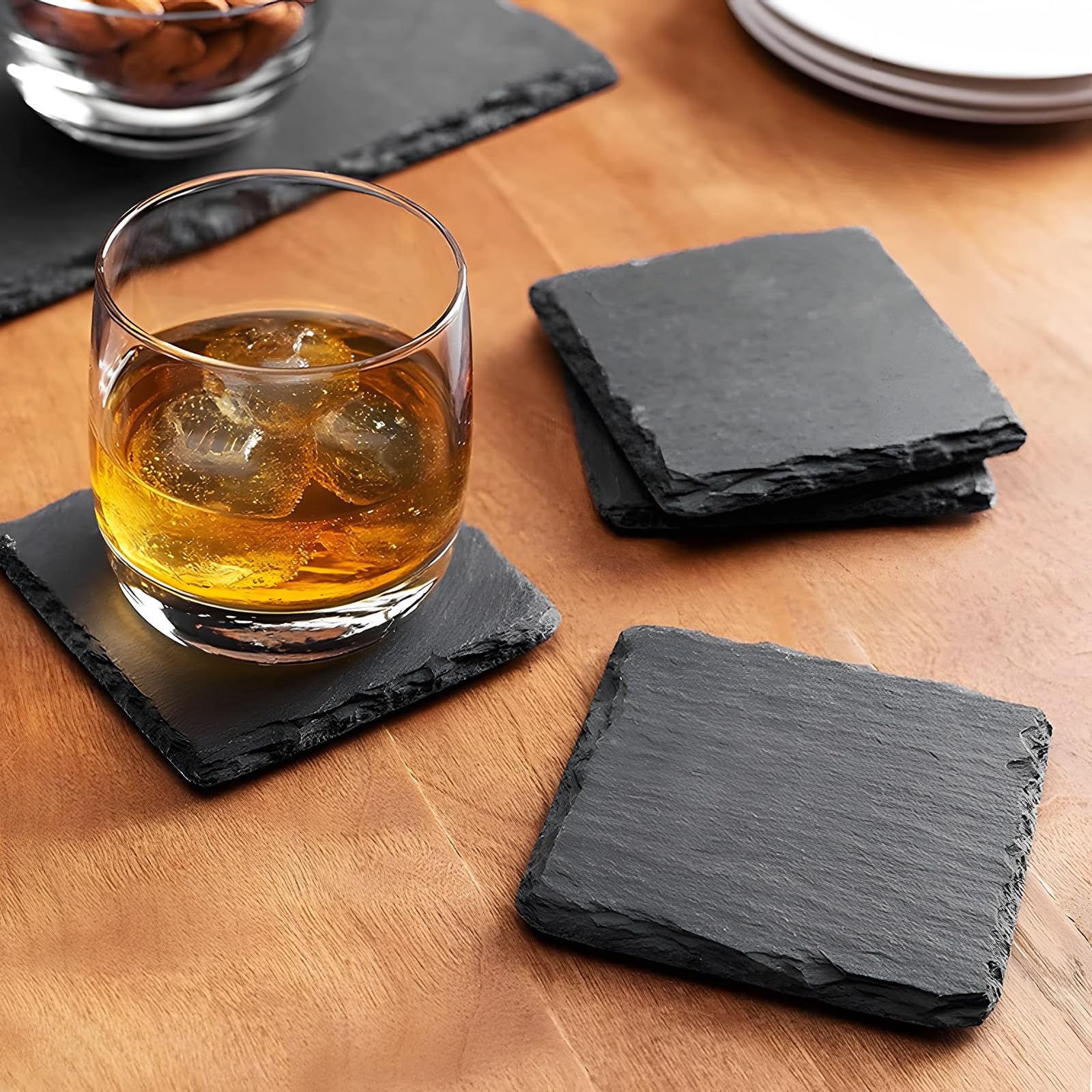 12 sottobicchieri in ardesia con supporto, 10 x 10 cm, rettangolari in vetro nero con base antigraffio, piatti da portata quadrati per bar, cucina, decorazione per la casa (A)