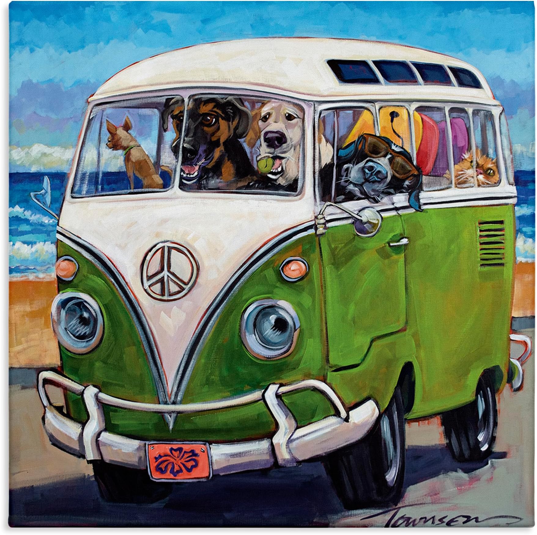 Dogs Driving Retro Van, Designed by CR Townsend, 17 x 17, Canvas Wall Art