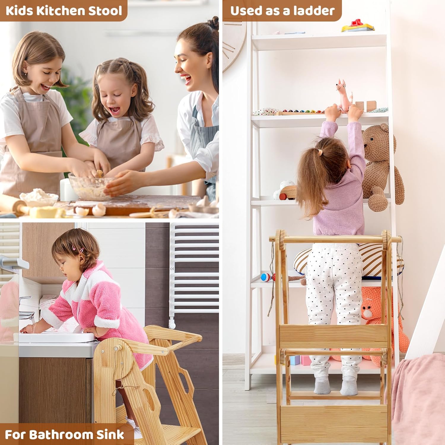 Children using the step stool in various scenarios: cooking in the kitchen, washing hands at the bathroom sink, and reaching items on a shelf