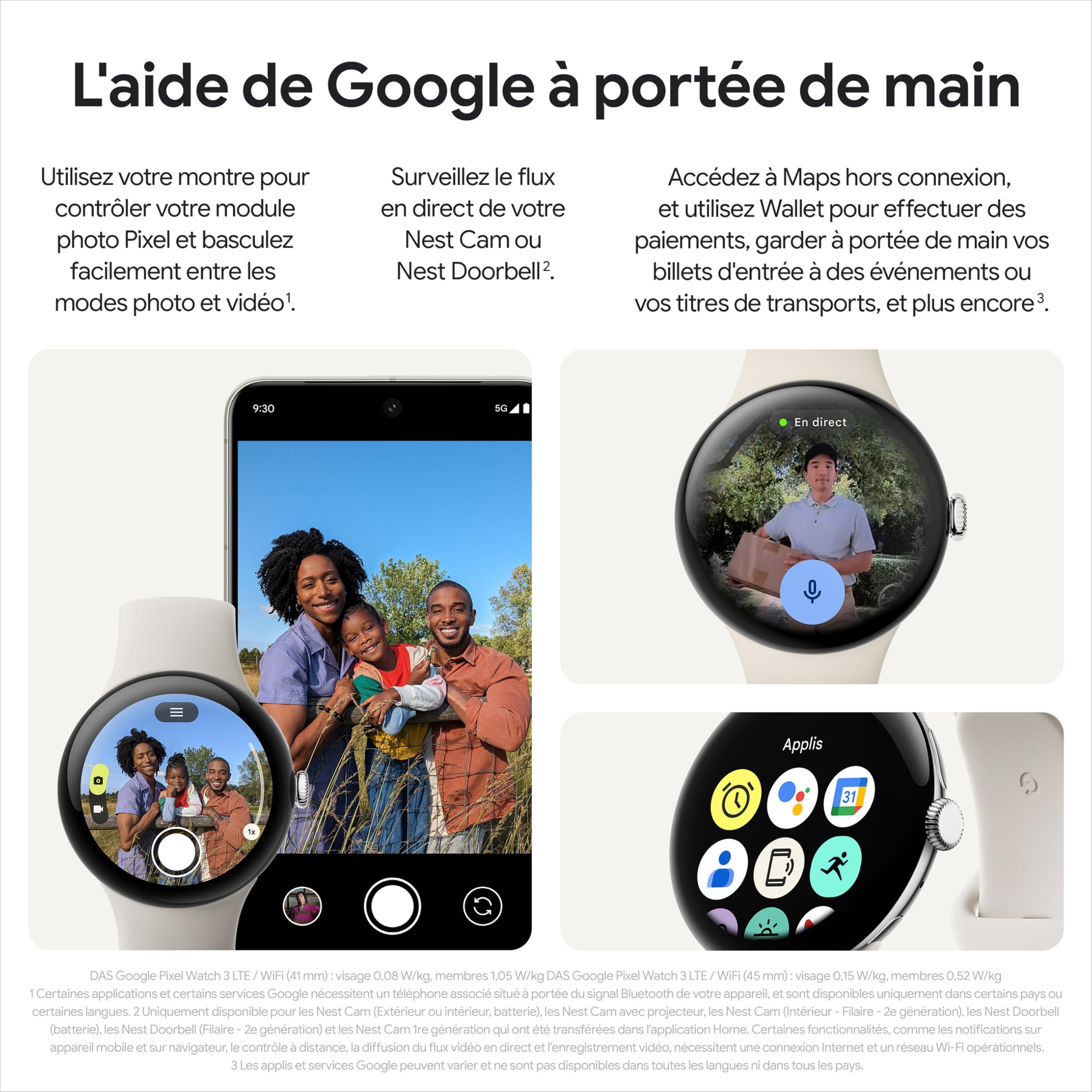 Google Pixel Watch 3 (45 mm) — Boîtier Noir Mat — Bracelet Noir Volcanique — Wi-FI