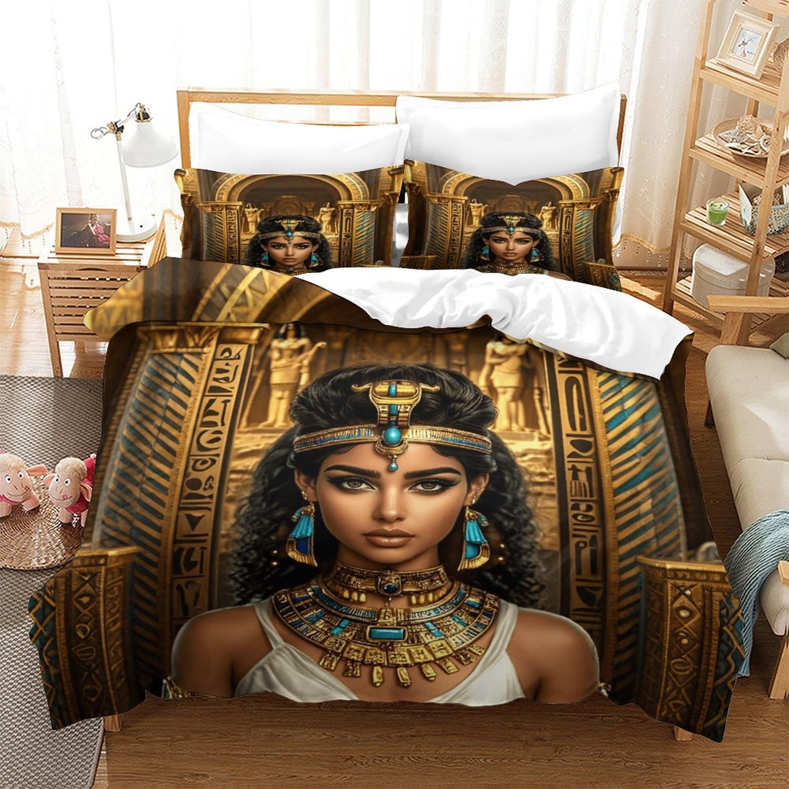 LILIlaobiao Egyptian Queen Pattern Bedding Set Double（200x200cm）, Cleopatra Duvet Cover Set with Pillowcases, Quilt Cover Set Soft Microfiber Comforter Cover Kids & Adults