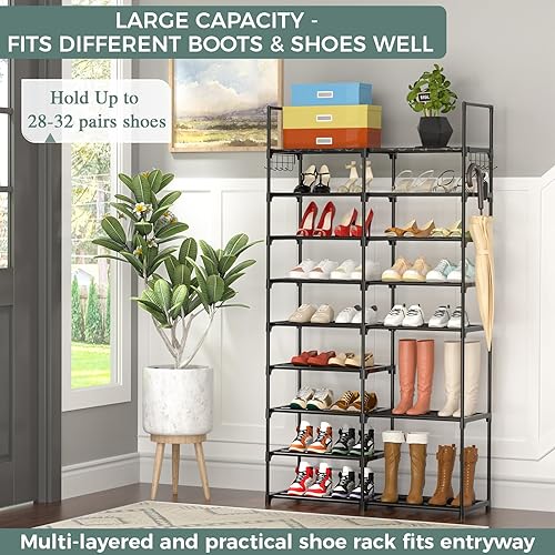 Miniatura 4 de Zapatero de 9 niveles para armario, gran capacidad para 28-32 pares de zapatos, botas, organizador de almacenamiento de zapatos con dos ganchos,