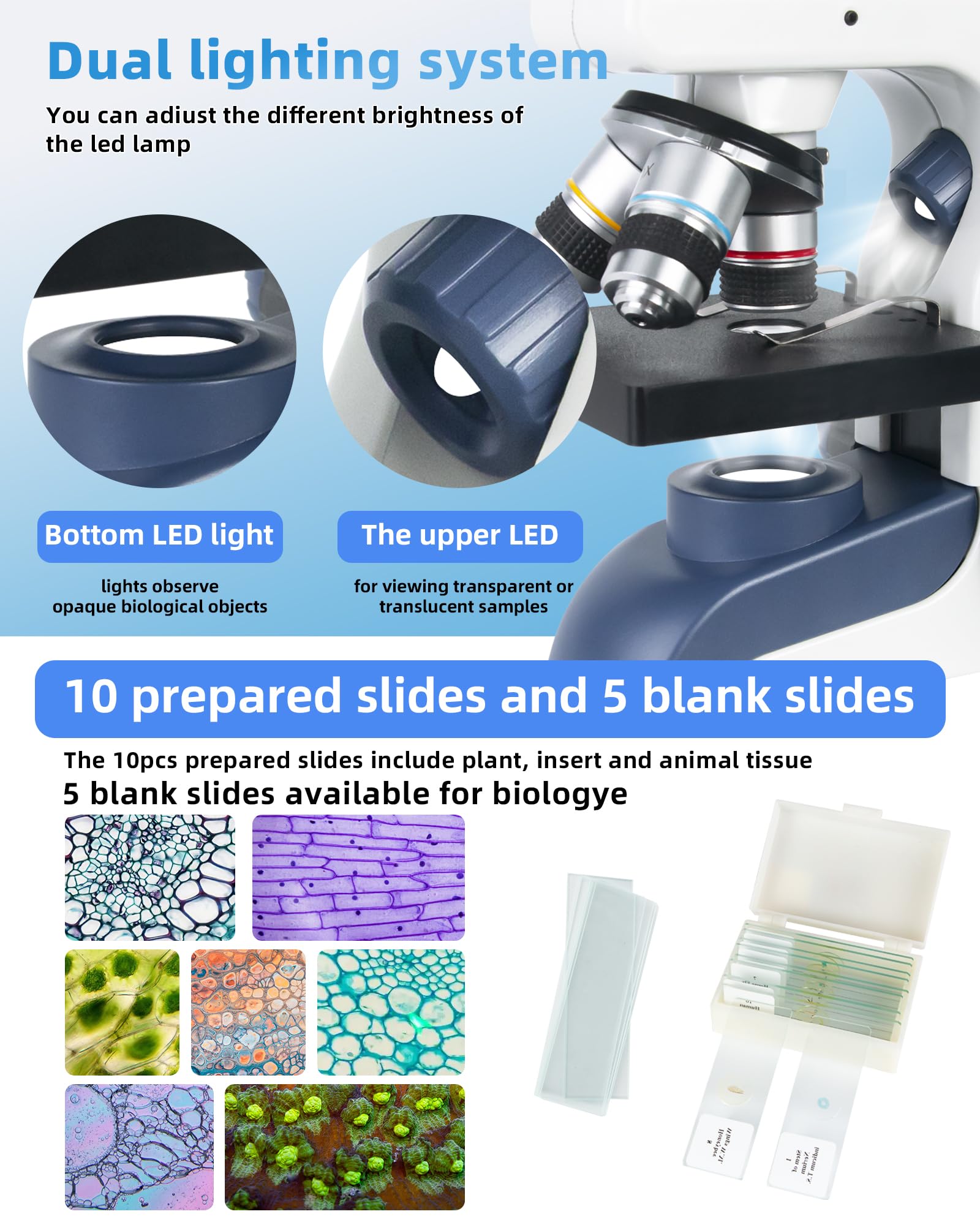 Microscopi monoculari composti professionali per adulti, bambini 8-12 e studenti | Ingrandimento 40X-2000X per laboratorio e casa microscopio con supporto per telefono, set completo di