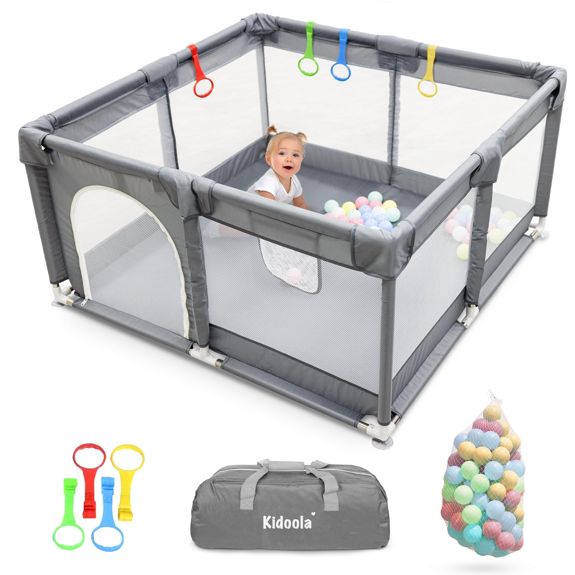Kidoola Baby Playpen with Padded Frame & Mesh Walls, Balls & Pull Rings Included, for Indoor & Outdoor Use, Toddler Fence - Breathable Mesh, Extra Large Play Yard for Babies (127x127x65cm) (Grey)