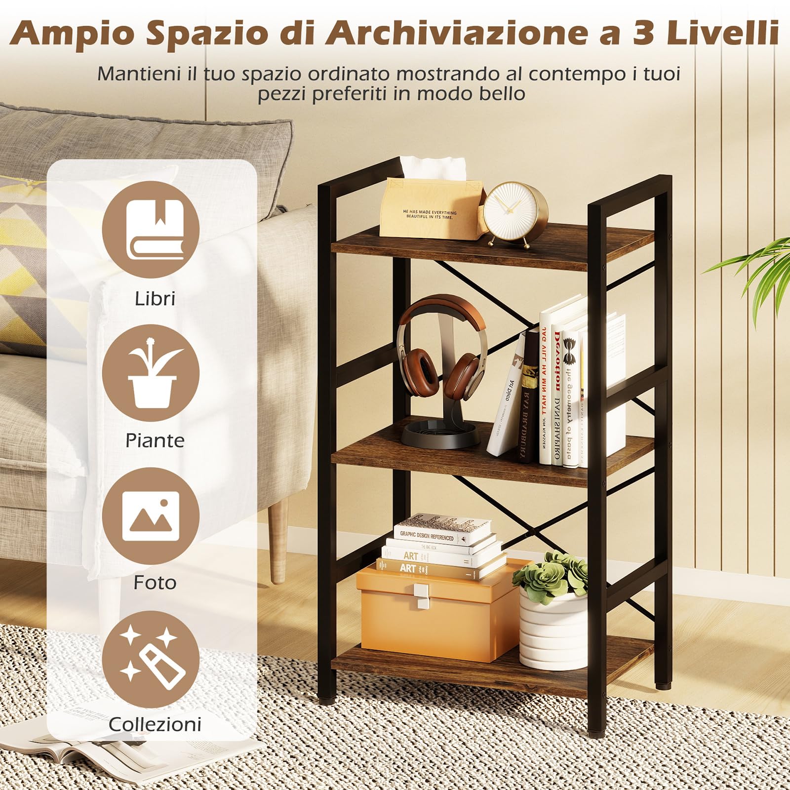 COSTWAY Scaffale a 3 Ripiani, Libreria Salvaspazio con Dispositivo Antiribaltamento, Struttura in Metallo, Mobile Espositivo in Legno per Soggiorno Camera e Ufficio, 42 x 28 x 70 cm (Marrone)