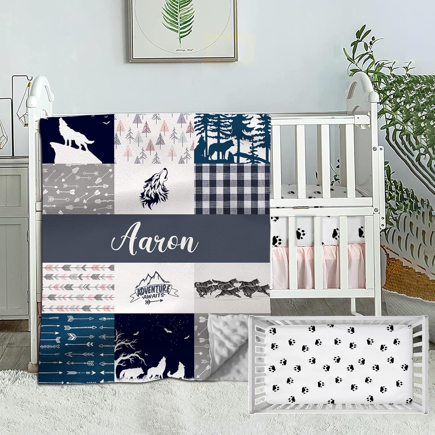 Personalized Crib Bedding Set for Boys, Custom Baby Sets with Name, Wolf Theme Nursery Bedding, 2 Piece Sets, Wolf Pack Plaid Comforter, Fitted Sheet Boys Girls