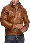 HOOD CREW Mens Retro Bomber Leather Jackets Stand Collar Faux Leather Motorcycle Jacket with Zipper Pockets