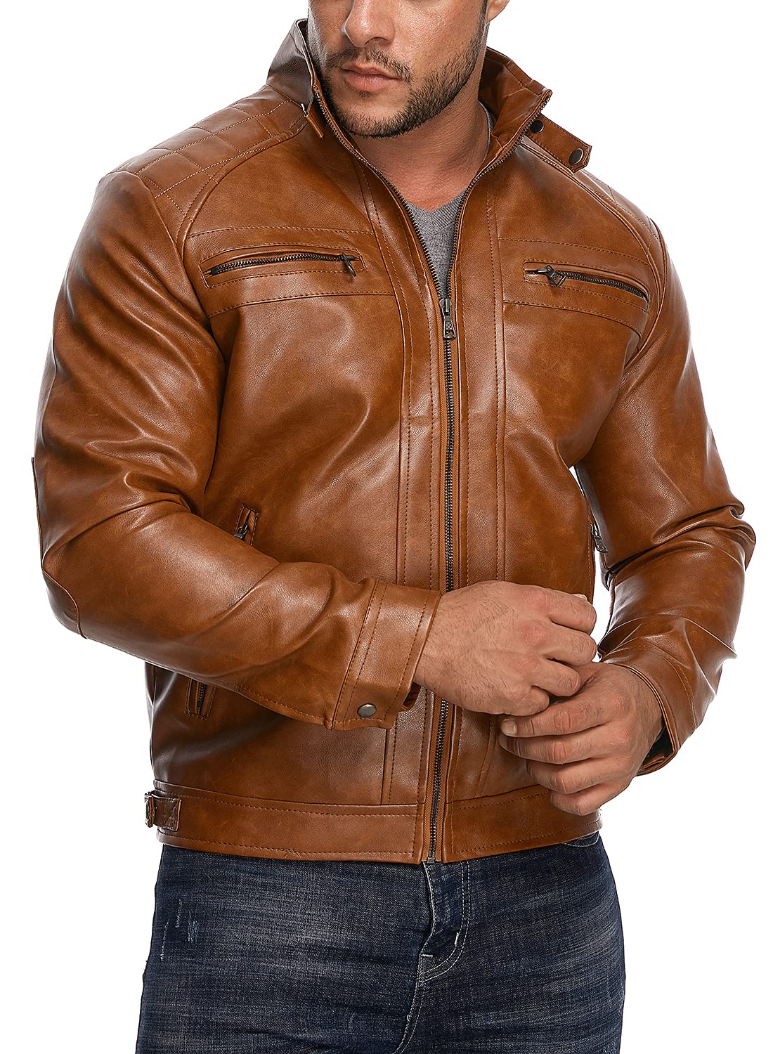 HOOD CREW Men's Faux Leather Motorcycle Jacket in brown
