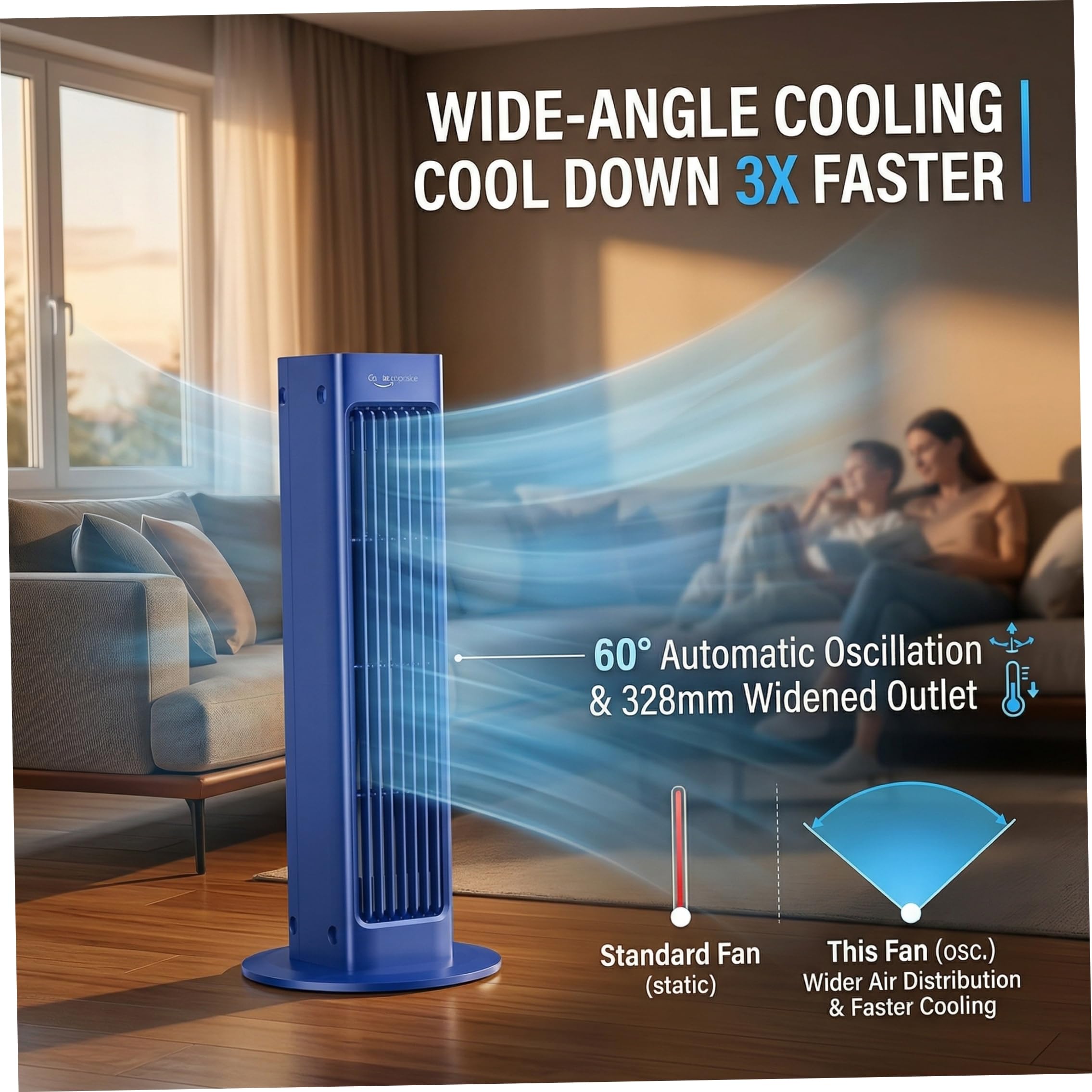 Ventilador de Torre con Control Remoto, Ventilador de refrigeración portátil oscilante de 60° para Dormitorio, Torre silenciosa con batería de 4000 Mah y Soporte de Pared 3 en 1, Abs Azul