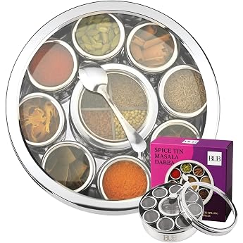 Bub Masala Dabba Large 22 cm Premium Spice Jar with 9 Individual Lids for 12 Spices Polished Stainless Steel Serving Spoon and Clear Acrylic Lid