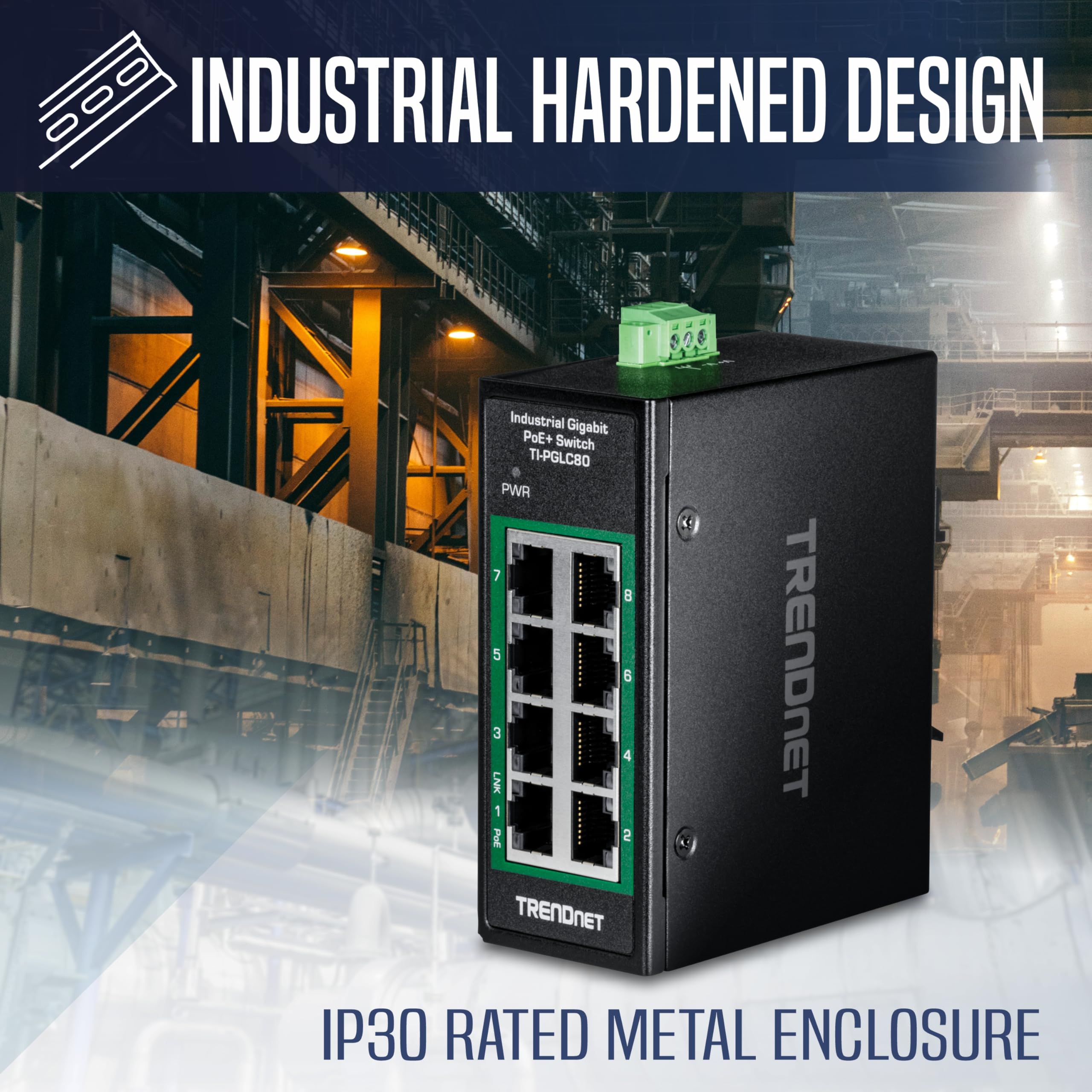 TRENDnet - Mini Interruptor Industrial Gigabit PoE+ DIN-Rail de 8 Puertos, TI-PGLC80, 8 Puertos Gigabit PoE+, 200 W PoE+ de presupuesto de Potencia, 16 Gbps, Compatible con NDAA y TAA