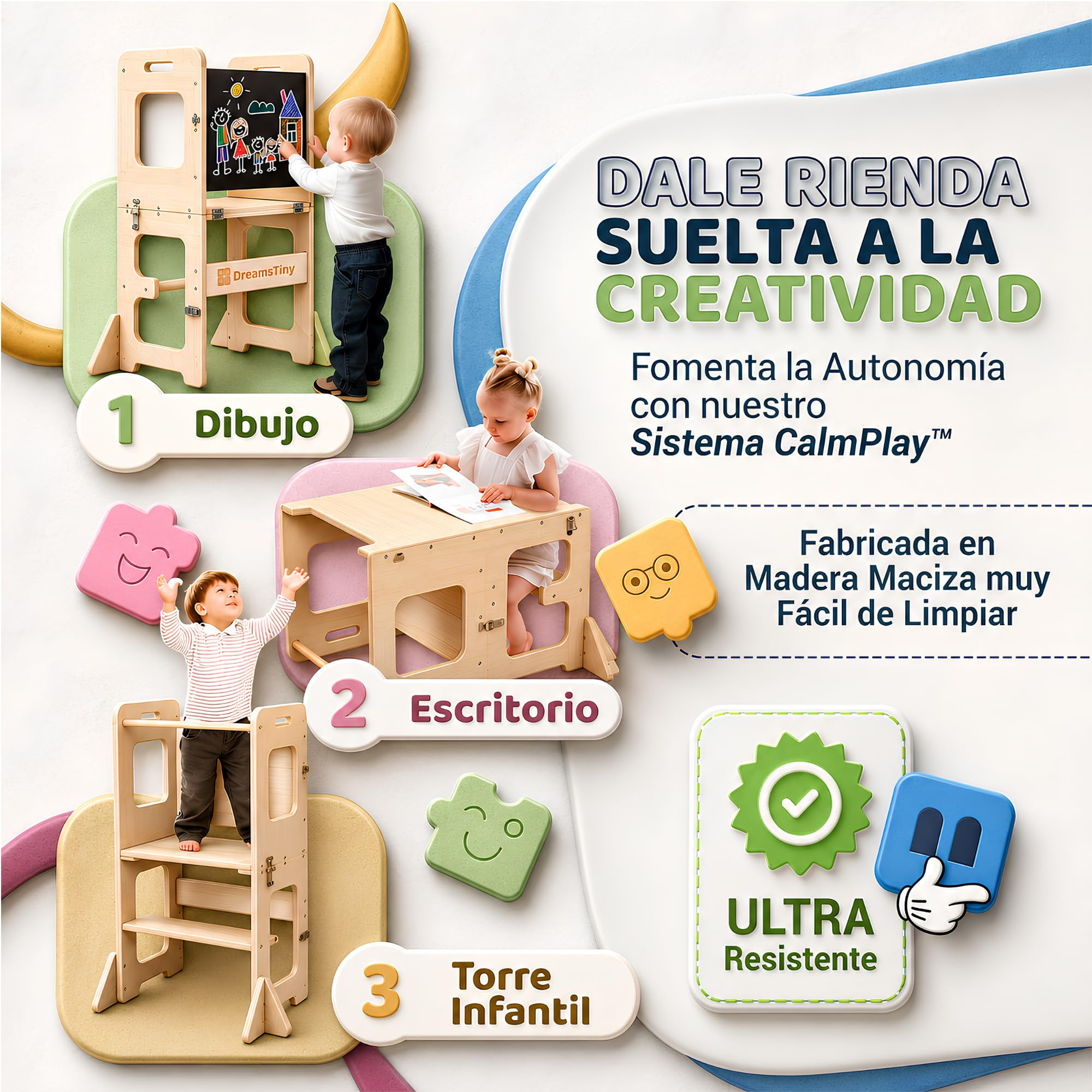 Torre de Aprendizaje Plegable 3 en 1, +18 Meses, Antivuelco