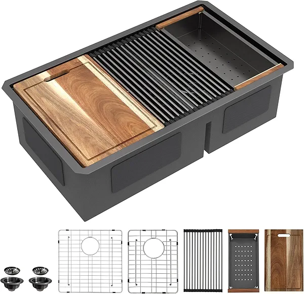 Fulorni 36"x19" Undermount Double Bowl Kitchen Sink Workstation - Gunmetal Black NANO-PVD, 16 Gauge 304 Stainless Steel, Under Counter Low Divide 60/40 Split Basin for Kitchen