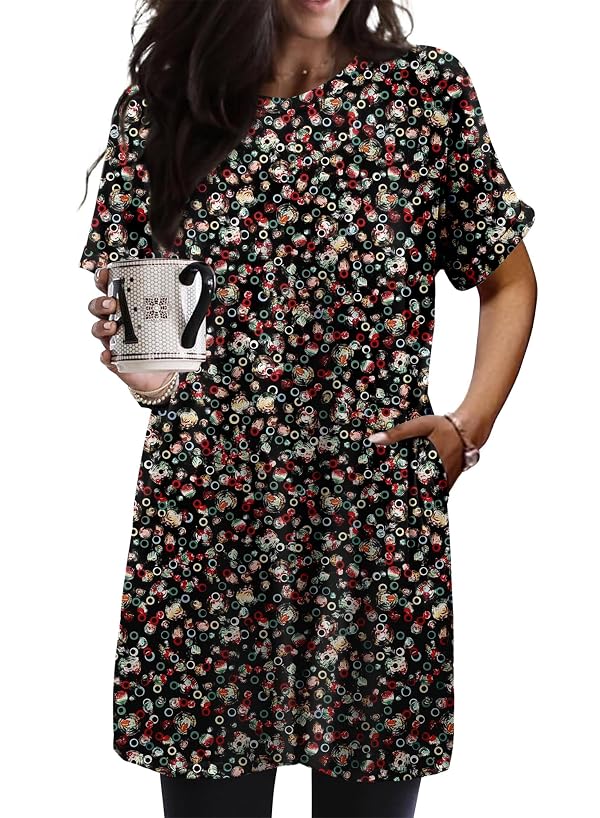 KISSMODA Women's Short Sleeve Crew Neck Tunic Tops Summer for Leggings Casual Long Tunics with Pockets Shirt S-3XL